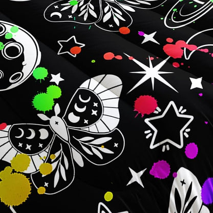 Cartoon Cosmic Planets Comforter Set for Kids, Butterfly and Moth Bedding Set with Colorful Spot Design, Star Pattern Black Comforter Bedroom Decoration Full Size
