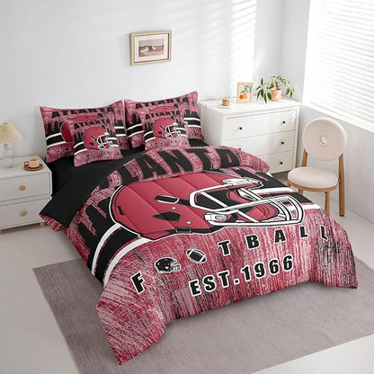 Erosebridal Kids Football Bed in A Bag Gridiron Sports Bedding Set King,Brick Red Sports Helmet Comforter Sets with Sheets Rugby City Seasonal Color 7 Pieces Bed Set Bedroom Decor