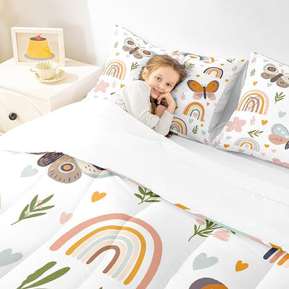 Boho Rainbow Comforter Set Full Size Cute Butterfly Bedding Set 3Pcs for Kids Girls Boys Adult Room Decor Cartoon Love Heart Palm Leaves Quilt Set Animals Botanical Duvet Insert,2 Pillowcase