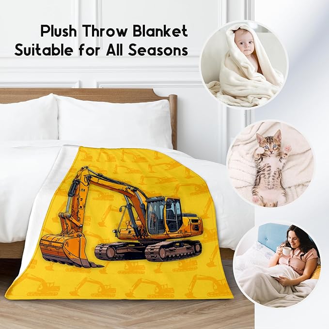 Toddler Blankets for Boys, Cozy Soft Excavator Throw Gifts for Kids, Yellow Flannel Construction Blankets for Couch Office, 30x40 Inches