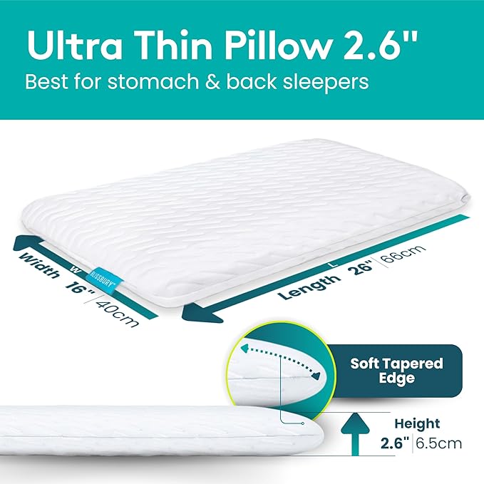 BLISSBURY Stomach Sleeping Pillow – Ultra Thin 2.6" Memory Foam for Neck and Cervical Support | Flat Pillow for Belly Sleeper | Low Loft Design for Comfort and Better Sleep