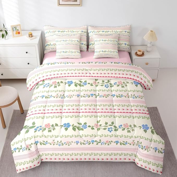Feelyou Flower Twin Comforter Set with Sheets for Kids Boys Girls Spring Blossoms 7 Pieces Bedding Set Botanical Bed in a Bag Floral Room Decor Pink Green Soft Lightweight Microfiber