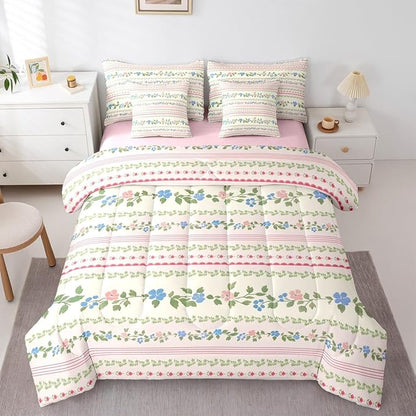 Feelyou Flower Twin Comforter Set with Sheets for Kids Boys Girls Spring Blossoms 7 Pieces Bedding Set Botanical Bed in a Bag Floral Room Decor Pink Green Soft Lightweight Microfiber