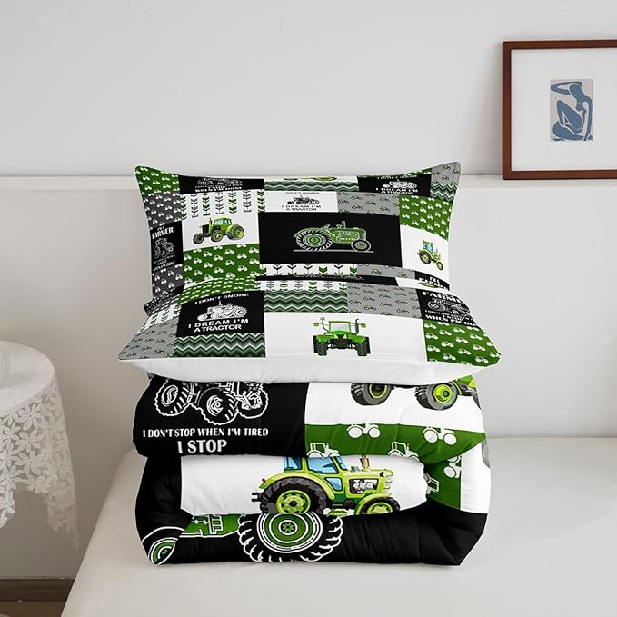Feelyou Tractor Comforter Set Cartoon Farm Tractor Down Duvet for Kids Boys Girls Truck Car Bedding Set Harvester Excavator Comforter Green 1 Comforter Set with 2 Pillowcases Full Size