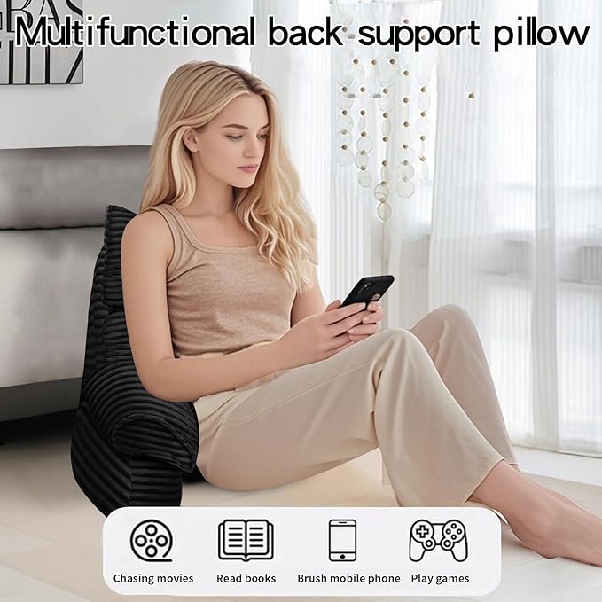RRPAHWTV Reading Pillow for Bed with High Arm Rests,Back Support Pillow for Sitting Up in Bed with Shredded Memory Foam for Reading, TV, Gaming or Relaxing on Floor（Ink Black，Small）