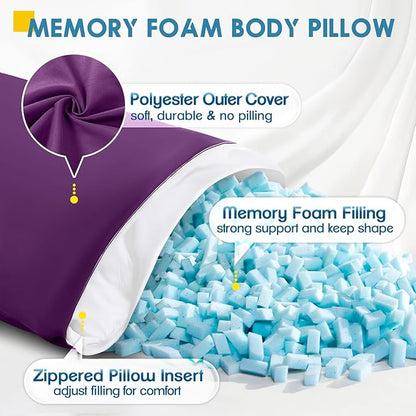 MAGIC ELEPHANT Body Pillow, Memory Foam Body Pillow for Adults, Long Pillow for Bed and Sleeping, Full Long Bed Pillow Insert with Cover (Purple, 20x54 Inch)
