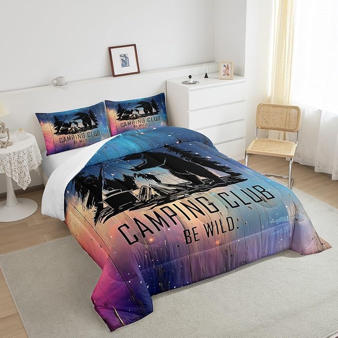 Feelyou Kids Camper Bedding Set Full Universe Galaxy Camping Comforter for Boys Girls Farmhouse Rustic Wild Bear Decor Comforter Set Nature Starry Sky Quilt with 2 Pillow Case Boys