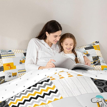 Feelyou Construction Comforter Set Queen Size Kids Cartoon Car Excavator Tractor Toddler Comforter Equipment Trucks Plaid Grid Yellow Comforter Set Construction Vehicles Duvet Set Quilt Set