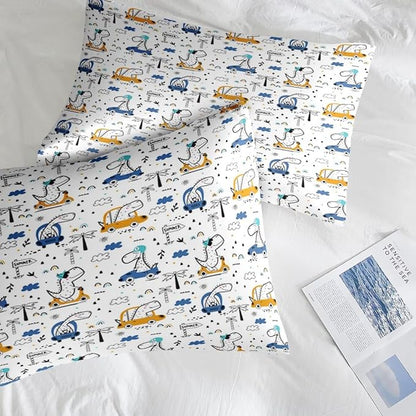 Comforter Set Twin Size, Funny Car Dinosaur 5 Pcs Bedding for Kids and Adults, Adventure Nursery Dino Bed Sheet Sets with Fitted Sheet Pillowcase & Sham for Bedroom Bed Decor