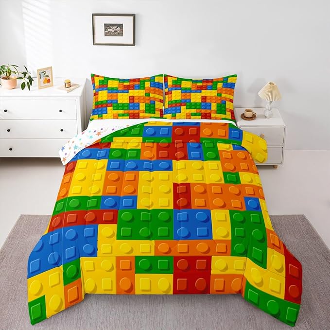 Feelyou Games Comforter Set Full Size Building Blocks Bedding Set for Kids Boys Girls Colorful Geometric Toy Brick Comforter Inner Fill Toddler Gaming Bedroom Nursery Quilt Duvet Set with 2 Pillowcase