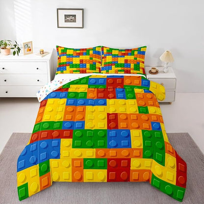 Feelyou Games Comforter Set Toddler Building Blocks Bedding Set for Kids Boys Girls Colorful Geometric Toy Brick Comforter Gaming Nursery Quilt Duvet Set with 1 Pillowcase Boys
