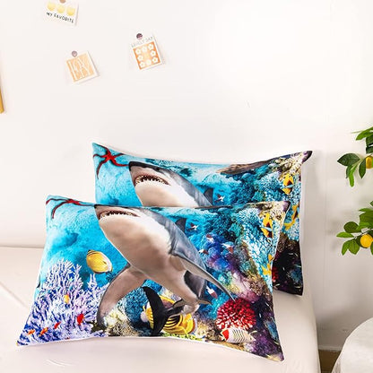 CVHOUSE Shark Duvet Cover King Size, Ocean Beach Comforter Set, 1 Duvet Cover 2 Shark Pillowcases 3 Piece