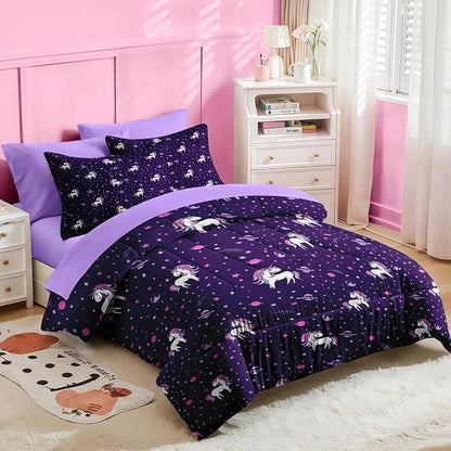 Nesker Comforter Set Queen Size, Purple Unicorn 7 Pcs Bedding for Kids Teens, Cute Rainbow with Fitted Sheet 2 Pillowcases & 2 Shams for Bedroom Bed Decor