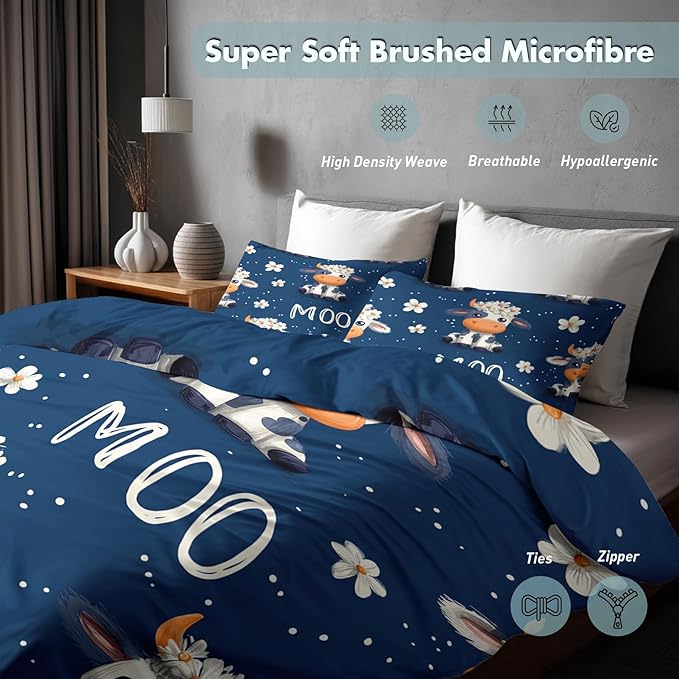 Cow Duvet Cover Queen Size, Kids Boys Girls Bedding Set 3 Pcs (2 Pillow Shams), Super Soft Microfiber Bedroom Decor, Zipper & Ties CSXQ1248