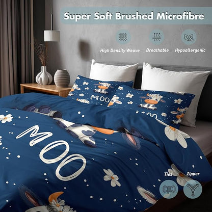 Cow Duvet Cover Queen Size, Kids Boys Girls Bedding Set 3 Pcs (2 Pillow Shams), Super Soft Microfiber Bedroom Decor, Zipper & Ties CSXQ1248