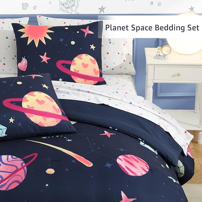 Full Size Comforter Sets Planet, Space Bedding Set for Girls Boys Teen, All Season Kids Bed in a Bag 7 Pieces with Sheets, Pillowcases & Shams