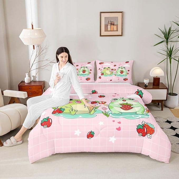 Cartoon Frog Comforter Set Twin Size Red Mushroom Strawberry Bedding Bedroom Decor Cute Stars Cloud Pink Grid Quilt Kawaii Animals Plants Duvet Insert 2pcs (ZZRS2949ZMD-BZ_USt)