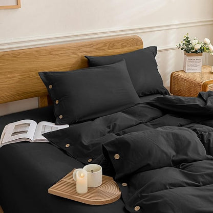 JELLYMONI Cotton Duvet Cover Twin Size - Pure Black Comforter Cover with Button 100% Washed Cotton 2PCS Breathable Soft Solid Bedding Set Duvet Cover 68×90in & 1 Pillowcase (NO Comforter)