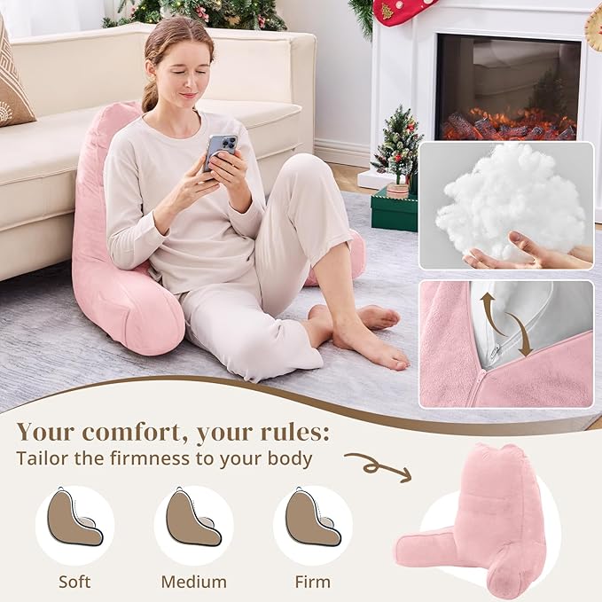 Sasttie Reading Pillow for Bed - 23 Inch, Back Pillow for Bed Sitting Up, Back-Rest Support Cushion with Side Pockets and Arms, Dorm Essentials, Oeko-Tex Certified, Light Pink
