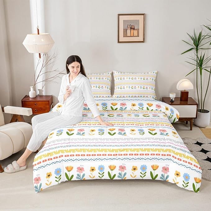 Castle Fairy Boho Floral Kids Comforter Set Twin Size,Watercolor Groovy Flowers Christmas Reversible Bedding Set for Teens Bedroom,Tribal Aztec Stripes Quilted Duvet with 1 Pillowcase