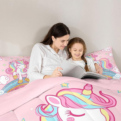 Feelyou Unicorn Bedding Toddler,Star Print Rainbow Kids Comforter Sets for Girls Comforter Set,Cute Animal Bedding Cute Unicorn Duvet Quilt,Rainbow Bedroom Decor