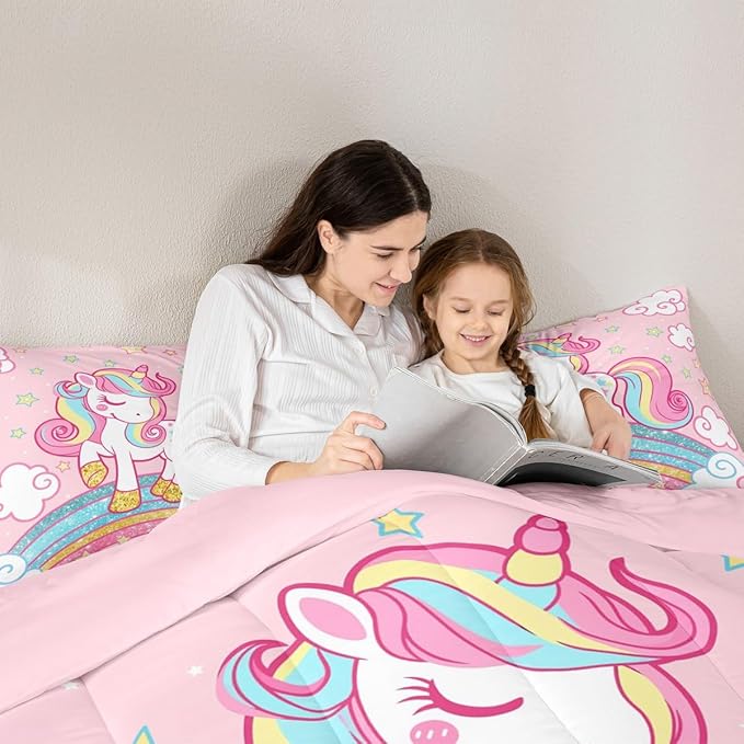 Feelyou Unicorn Bedding Queen,Star Print Rainbow Kids Comforter Sets for Girls Comforter Set,Cute Animal Bedding Cute Unicorn Duvet Quilt,Rainbow Bedroom Decor