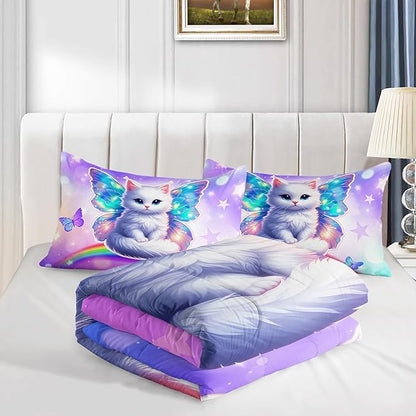 Kids Cartoon Cat Comforter Set King Size,Rainbow Butterfly Bedding Sets for Teens Boys Girls Aesthetic Room Decor,Cute Bedding Set with 2 Pillowcases.