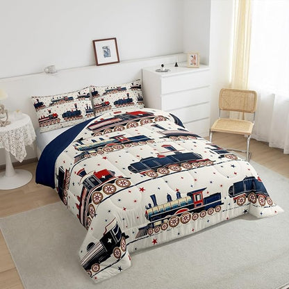 Erosebridal Vintage Steam Train Bedding, Cartoon Classic Railway Retro King Comforter Set, Gifts for Kids Girls Boys Travel Locomotive Train Bedding Sets Galaxy Stars Decorations Duvet Set