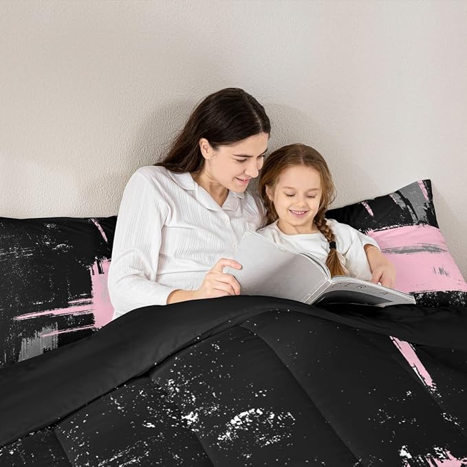 Pink Black Abstract Duvet Quilt Twin Size Geometric Bedding Set for Kids Boys Girls Decor Modern Art Comforter Set Breathable Soft Lightweight Microfiber Buffalo Check Bedroom Decor Bedclothes