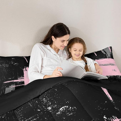Pink Black Abstract Duvet Quilt Twin Size Geometric Bedding Set for Kids Boys Girls Decor Modern Art Comforter Set Breathable Soft Lightweight Microfiber Buffalo Check Bedroom Decor Bedclothes