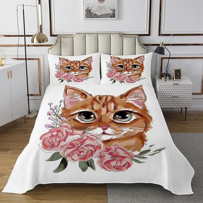 Feelyou Girls Cat Quilted Coverlet for Kids Daughter Cute Kitten Print Coverlet Set Rose Floral Flowers Bedspread Pet Cat Pattern Quilted Room Decor Twin Size Bedding Collection
