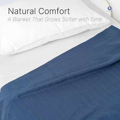 Multipurpose Blanket, Twin Size 100% Extra Long Staple Cotton, Herringbone Weave, Blue, Soft & Breathable, Ideal for All Seasons