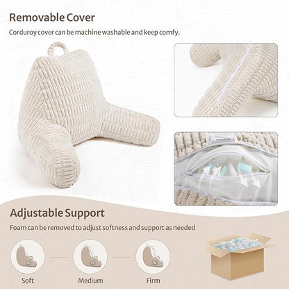 Blissful Diary Reading Pillow, Backrest Pillow with Shredded Memory Foam for Adult & Children, Designed for Bed and Couch Sitting Up, Includes Arms, Pockets and Washable Cover, Off White