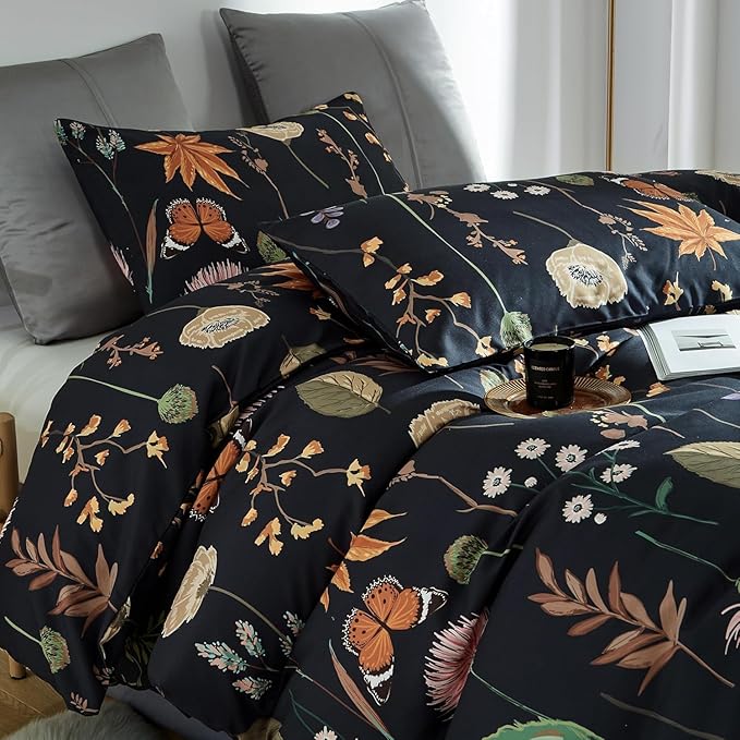 Floral Duvet Cover King Size Black Duvet Cover Set with Pink Floral Colorful Botanical Yellow Butterfly 3D Printed Comforter Cover 3 Pcs Soft Microfiber Bedding Set with Zipper Ties