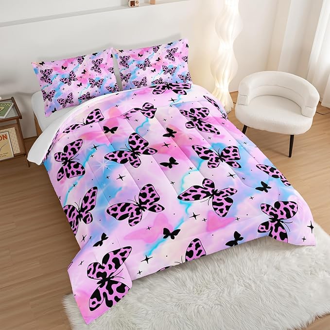 Beautiful Butterfly Comforter Set King Size,Spotted Butterfly Printed Bedding Set for Kids Girls Women Room Decor,Rainbow Aesthetic Toddler Bedding Sets for Girls with 2 Pillowcases.