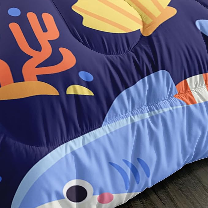 Kawaii Swimming Shark Themed Comforter 3Pcs Full Deep Blue Ocean Sea Animal Coral Bedding Set for Kid Teen Girl Boy Adult Fish Starfish Shell Quilt Bed Decor with 1 Comforter and 2 Pillowcases