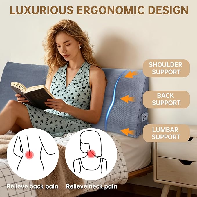 Headboard Pillow Twin Bed Wedge Pillow for Dorm, Daybed, Back Support, Sitting Up, Reading, Relaxing, Navy Blue