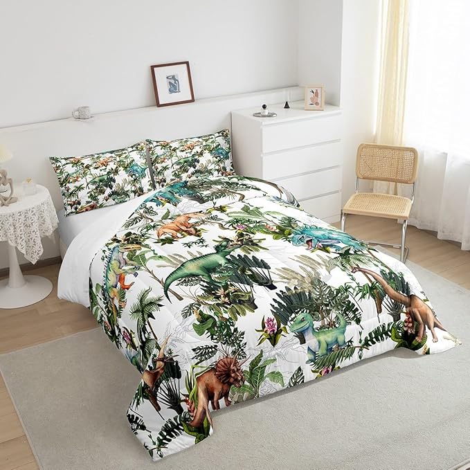 Colorful Dino Comforter Set King Size,Dinosaur Cartoon Wild Animal Painting Bedding Set All Season Quilt Set,Green Leaves Tropical Botanical White Microfiber Polyester Down Comforter