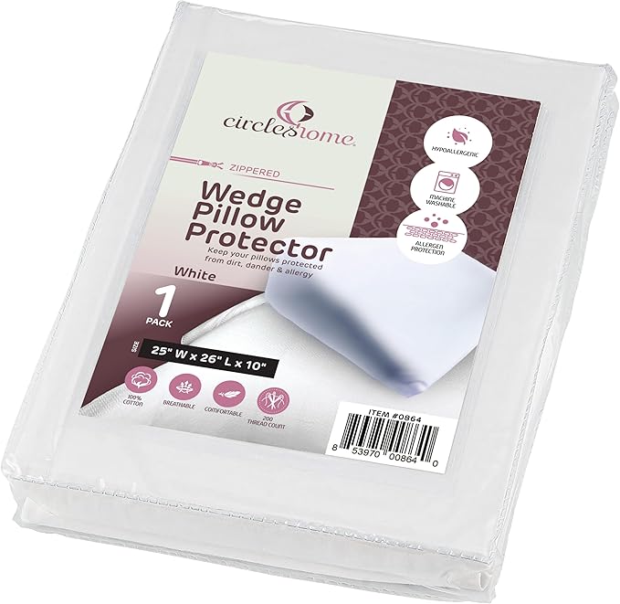 CirclesHome Wedge Pillow Cover 100% Cotton, Zippered Wedge Pillow Case Protector, Soft, Hypoallergenic & Breathable - 25x26x10”