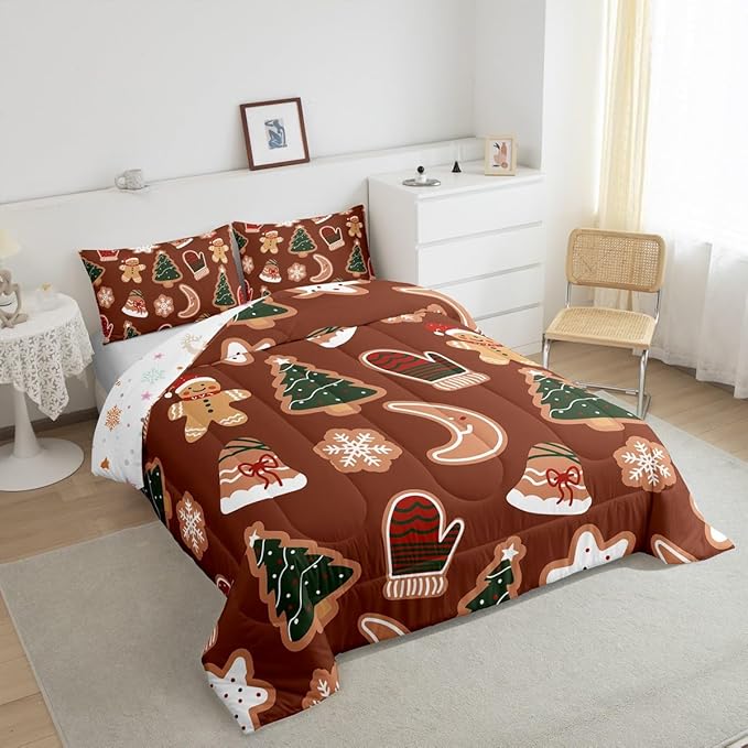 Erosebridal Merry Christmas Comforter Set for Kids Boys Girls,Cartoon Gingerbread Man Christmas Tree Bedding Full,Cute Xmas Comforter Sets,Moon Snowflake Duvet Insert with 2 Pillowcases
