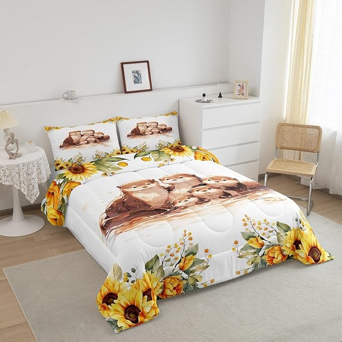 Watercolor Otter Kids Comforter Set Twin Size 2 Pcs Yellow Sunflowers Green Leaves Rustic Bedding Set for Boys Girls Teens Cute Cartoon Wild Animals Microfiber Duvet Set with 1 Pillowcase