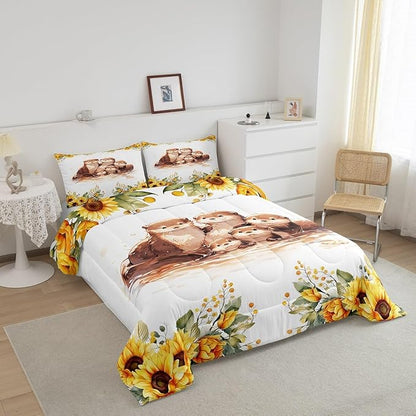 Watercolor Otter Kids Comforter Set King Size 3 Pcs Yellow Sunflowers Green Leaves Rustic Bedding Comforter for Boys Girls Teens Cute Cartoon Wild Animals Bedroom Quilt Set with 2 Pillowcases