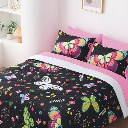 Girls Butterfly Comforter Set Twin Size Colorful Flowers Leaves Bedding Set for Kids Teens Black 7 Piece Bed in A Bag Super Soft All Season