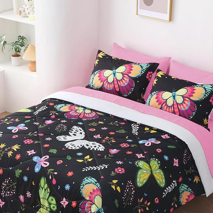 Kids Butterfly Comforter Set Full Size for Girls Colorful Flowers Leaves Bedding Set for Teens Black 7 Piece Bed in A Bag Super Soft All Season