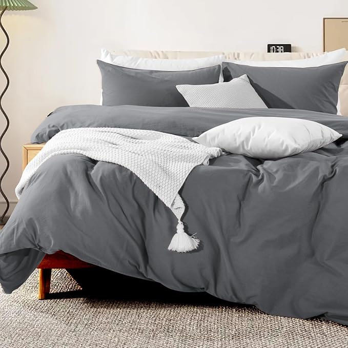 NEXHOME PRO Duvet Cover Set Kids Twin Size Linen Feel Textured Organic Natural 100% Washed Cotton Duvet Cover 2 Pieces Bedding Set with Zipper Closure, Breathable, Soft