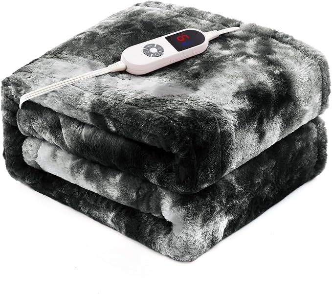 Electric Heated Throw Blanket 50"x60",Luxury Black Faux Rabbit Fur Electric Blanket,Fast Heating Soft Fluffy Thick Electric Blanket with 6 Heating Levels & 12H Auto Off
