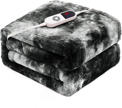 Electric Heated Throw Blanket 50"x60",Luxury Black Faux Rabbit Fur Electric Blanket,Fast Heating Soft Fluffy Thick Electric Blanket with 6 Heating Levels & 12H Auto Off