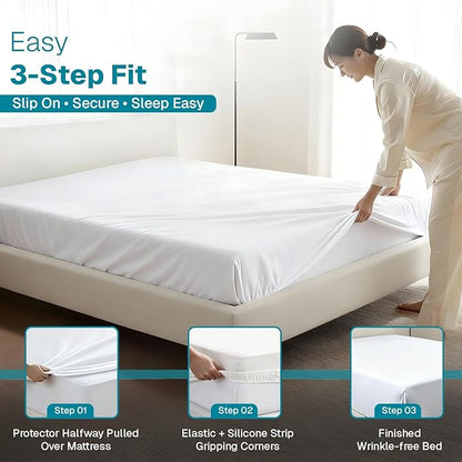 FABDREAMS Organic Waterproof Mattress Protector Queen Size|Queen Mattress Cover| Size Mattress Encasement| Fits up to 17" Deep Pocket|Temperature Regulating | Breathable| White