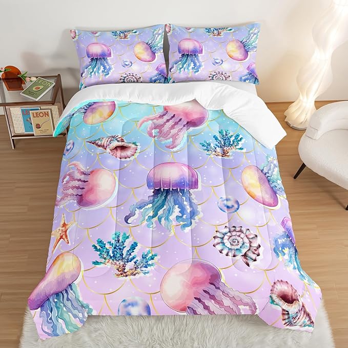 Cute Ocean Comforter Set Kids Bedding King Size,Color Jellyfish Conch Sea Star Print Comforter for Teens Boys Girls Room Decor,Kawaii Beach Bedding Set with 2 Pillowcases.