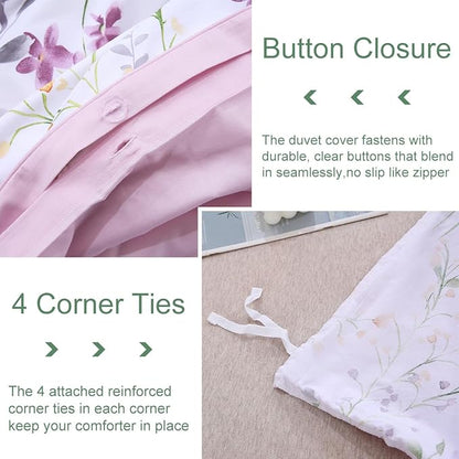 URBONUR Floral Duvet Cover Set King Size 3-Pieces Egyptian Cotton Percale Weave Bedding Set Garden Chic Flowers Comforter Cover, Soft Breathable Durable Bedding with Button Closure